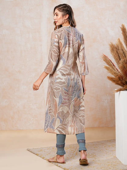 Abstract & Floral Printed Resham & Sequins Embellished A-line Kurta - Beige