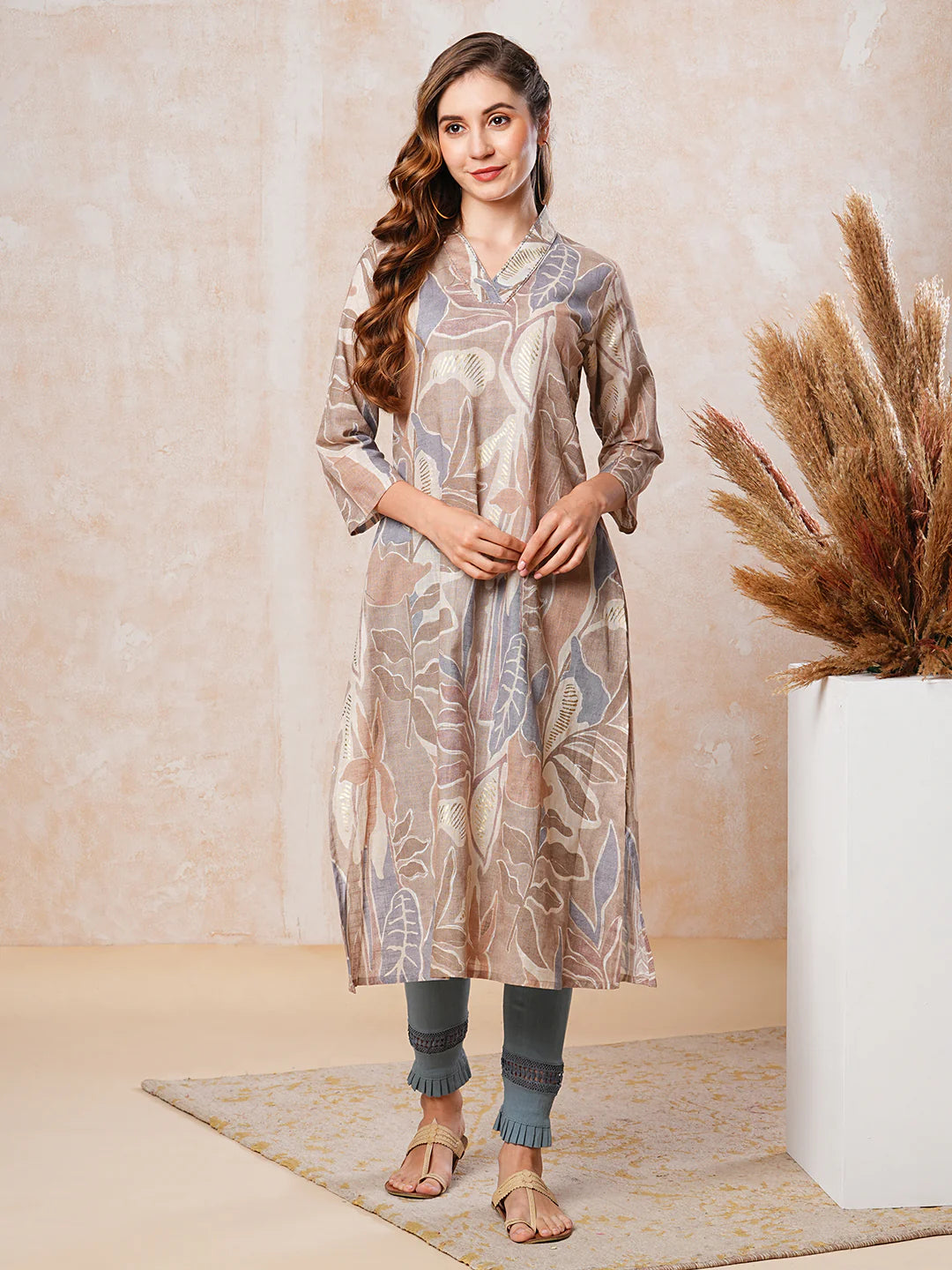 Abstract & Floral Printed Resham & Sequins Embellished A-line Kurta - Beige