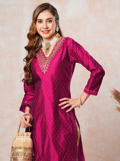 Jacquard Zari Design Zari & Sequins Embroidered Kurta - Magenta