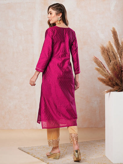 Jacquard Zari Design Zari & Sequins Embroidered Kurta - Magenta