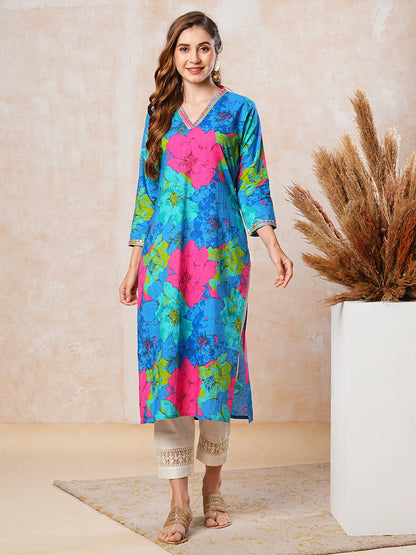 Floral Printed Mirror, Resham, Zari & Sequins Embroidered Kurta - Blue & Multi