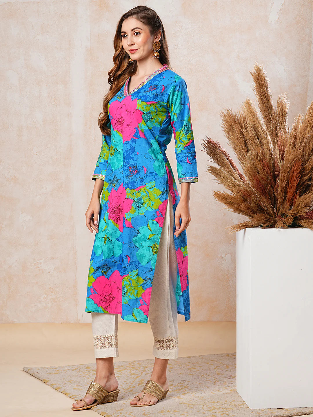 Floral Printed Mirror, Resham, Zari & Sequins Embroidered Kurta - Blue & Multi