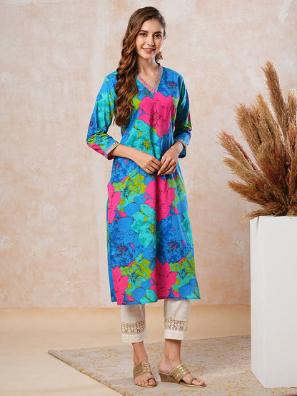 Floral Printed Mirror, Resham, Zari & Sequins Embroidered Kurta - Blue & Multi