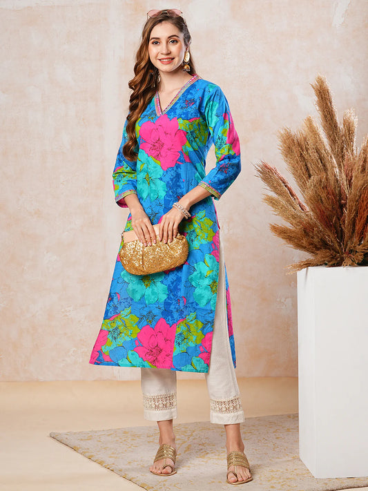 Floral Printed Mirror, Resham, Zari & Sequins Embroidered Kurta - Blue & Multi