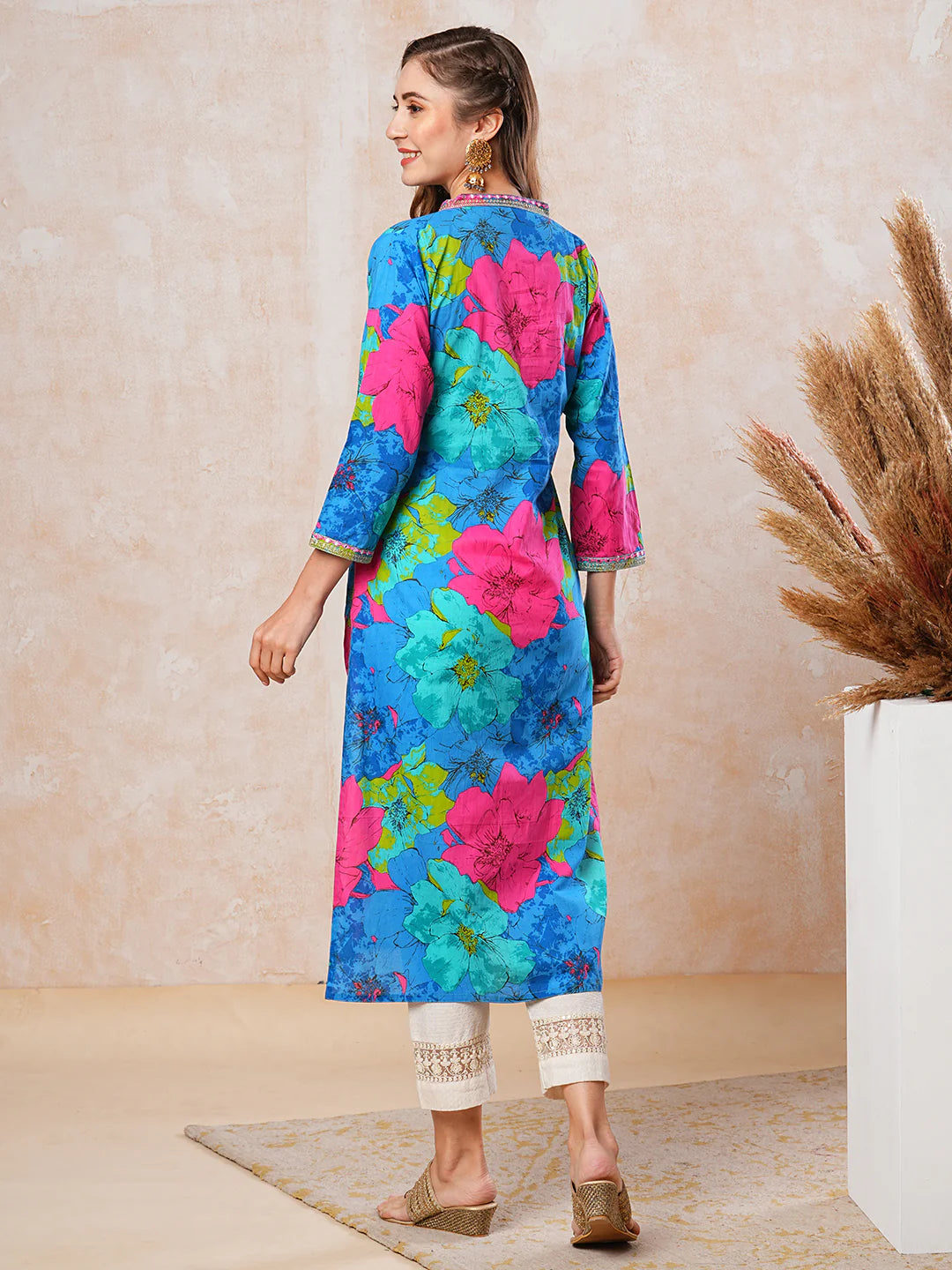 Floral Printed Mirror, Resham, Zari & Sequins Embroidered Kurta - Blue & Multi