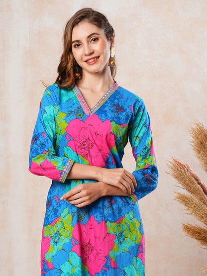 Floral Printed Mirror, Resham, Zari & Sequins Embroidered Kurta - Blue & Multi