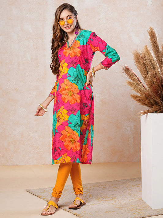 Floral Printed Mirror, Resham, Zari & Sequins Embroidered Kurta - Magenta & Multi