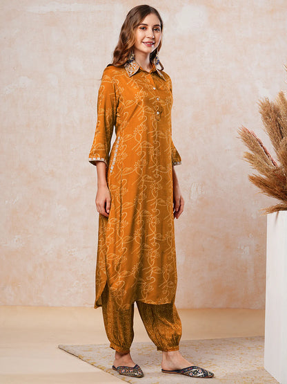 Floral Printed Zari & Resham Embroidered Kurta with Salwar Pants - Mustard