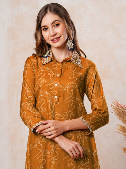 Floral Printed Zari & Resham Embroidered Kurta with Salwar Pants - Mustard