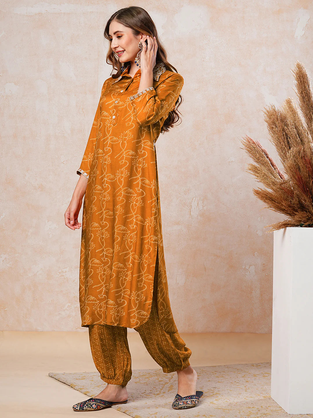 Floral Printed Zari & Resham Embroidered Kurta with Salwar Pants - Mustard