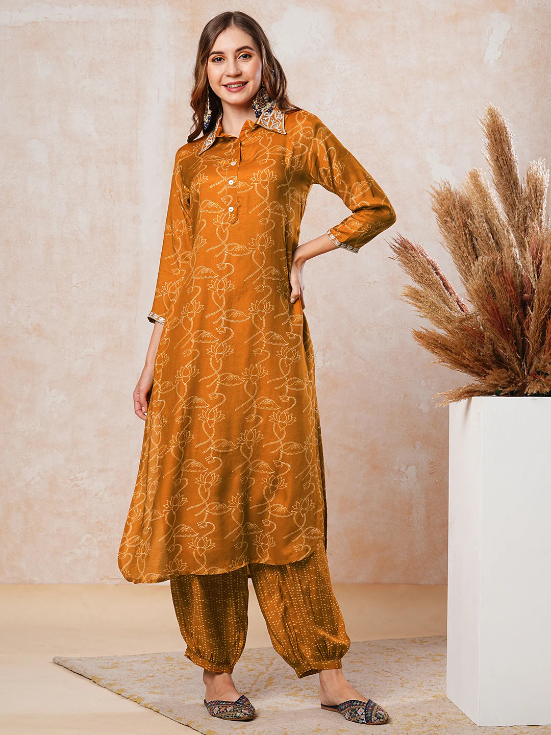 Floral Printed Zari & Resham Embroidered Kurta with Salwar Pants - Mustard