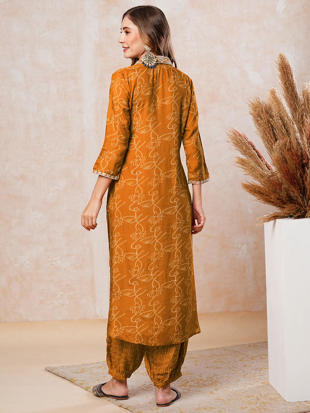 Floral Printed Zari & Resham Embroidered Kurta with Salwar Pants - Mustard