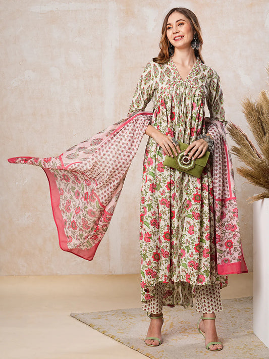 Floral Printed Resham Embroidered Pleated High-Low Kurta with Pants & Dupatta - Off White & Pink