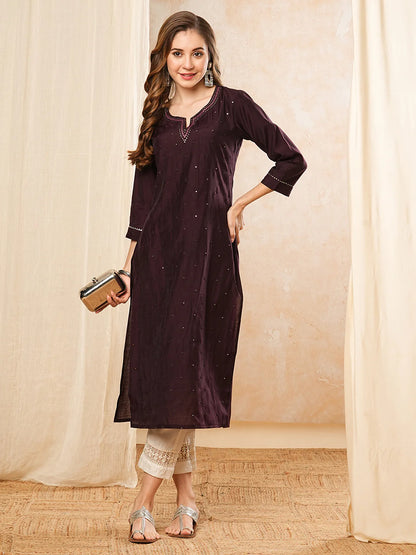 Solid Mirror Work Embroidered Straight Fit Kurta - Burgundy