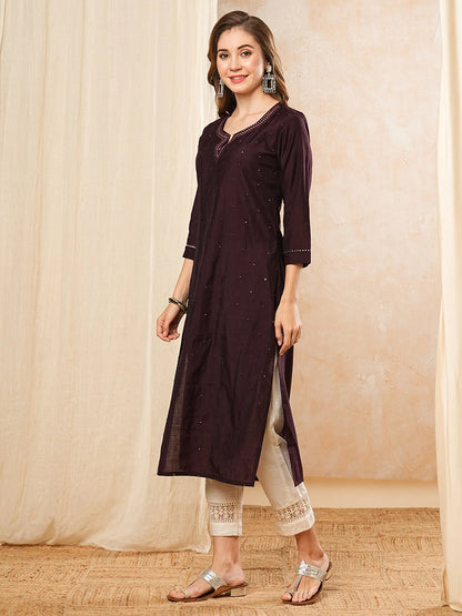 Solid Mirror Work Embroidered Straight Fit Kurta - Burgundy