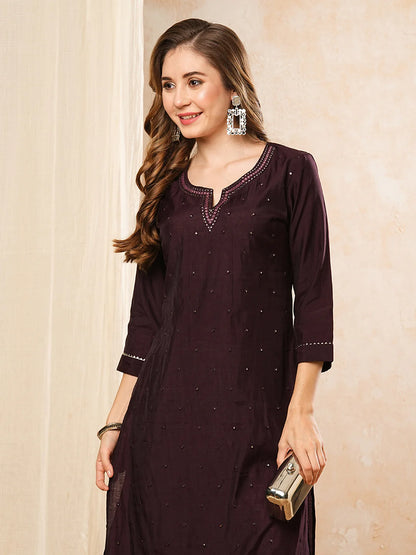 Solid Mirror Work Embroidered Straight Fit Kurta - Burgundy