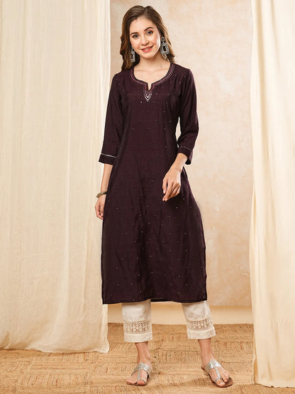 Solid Mirror Work Embroidered Straight Fit Kurta - Burgundy