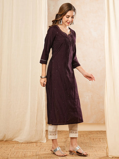 Solid Mirror Work Embroidered Straight Fit Kurta - Burgundy