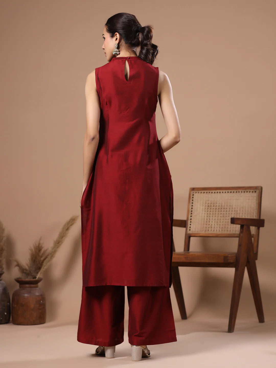 Solid Foil Mirror Embroidered Straight Fit Co-ord Set - Maroon