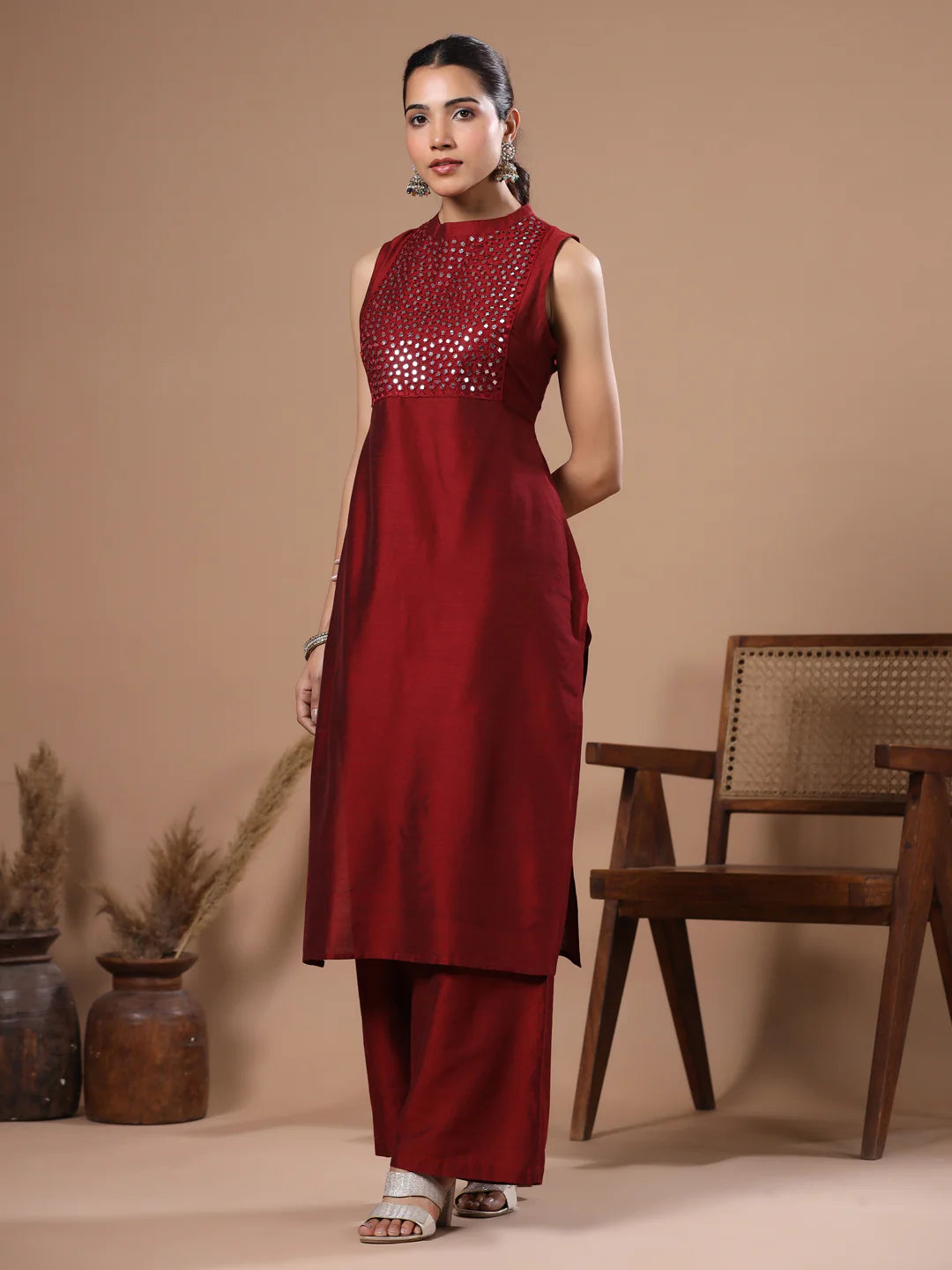 Solid Foil Mirror Embroidered Straight Fit Co-ord Set - Maroon