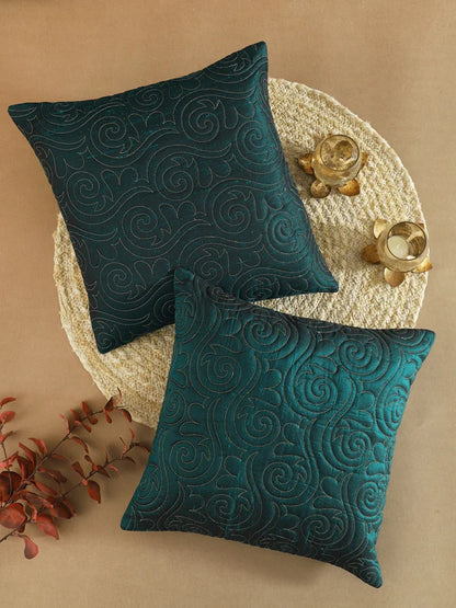 Green Poly Dupain Quilting Cushion Cover Set Of 2