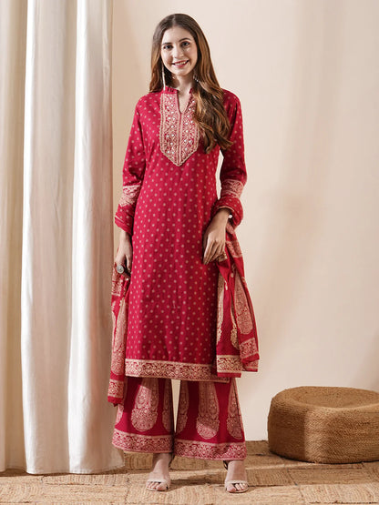 Ethnic Printed Mirror Embroidered Kurta with Flared Pants & Dupatta - Maroon