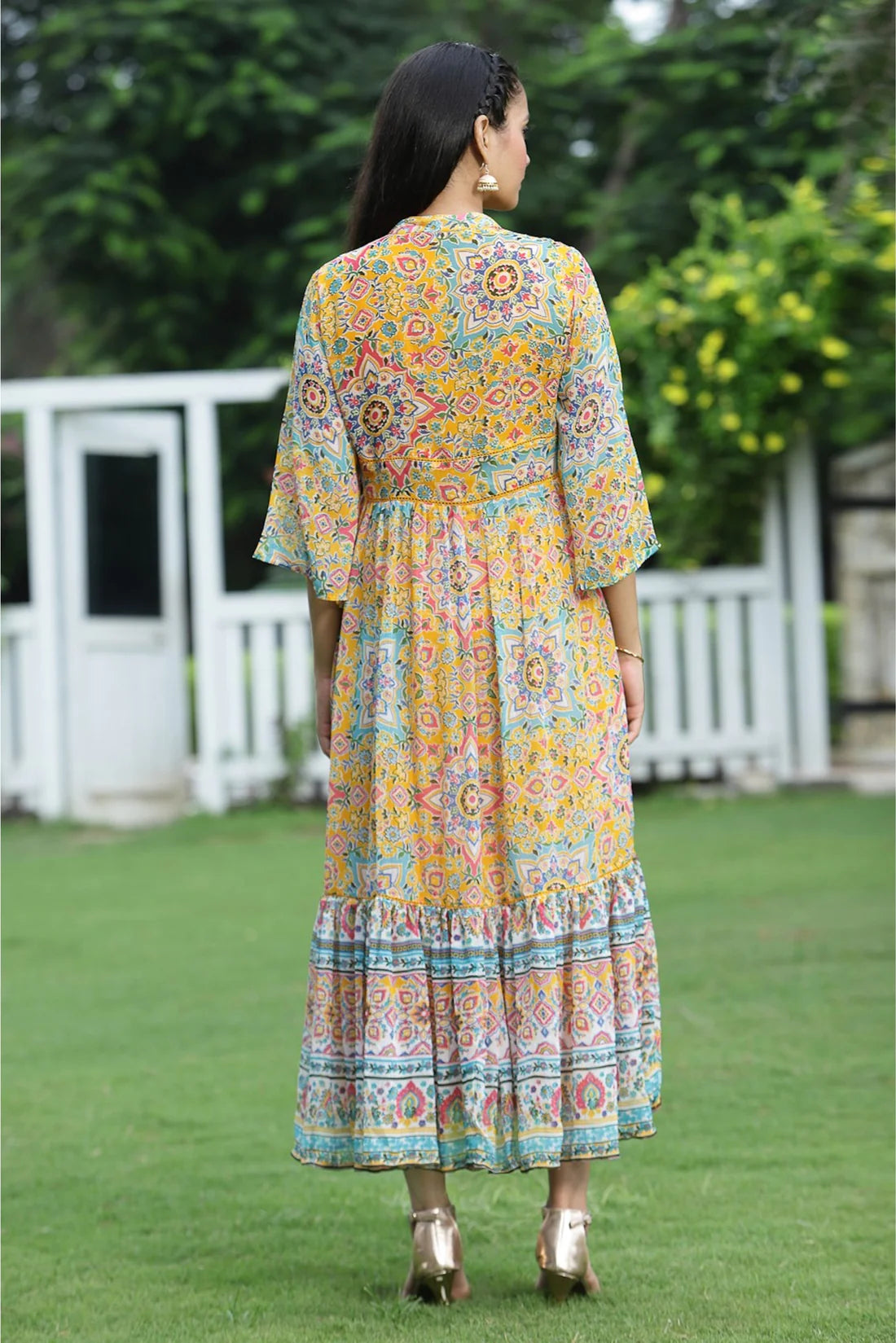 MUSTARD CHIFFON PRINTED TIERED DRESS