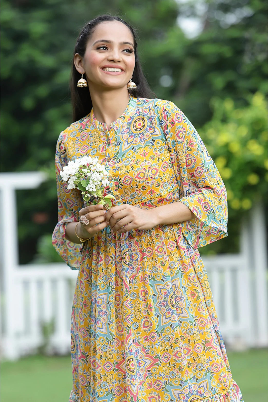 MUSTARD CHIFFON PRINTED TIERED DRESS