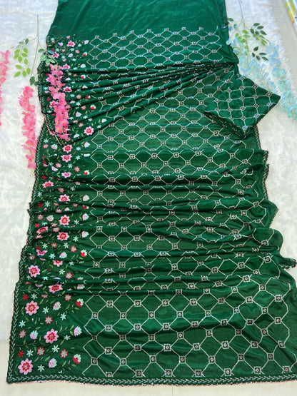 Green Chinnon Silk Ready To Wear Saree