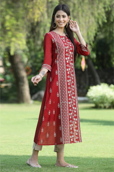 MAROON MODAL CHANDERI PRINTED STRAIGHT KURTA