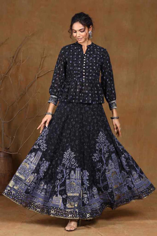 BLACK GEORGETTE PRINTED FLARED LEHENGA CHOLI SETS