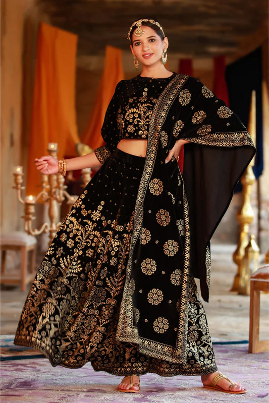 BLACK VELVET PRINTED FLARED LEHENGA CHOLI SETS