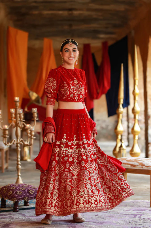 MAROON VELVET PRINTED FLARED LEHENGA CHOLI SETS