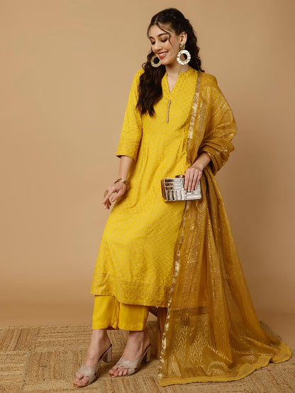 Mustard Zigzag Printed Anarkali Kurta With Pants And Dupatta