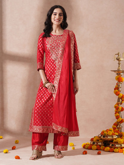 Ethnic Woven & Embroidered Straight Kurta with Pant & Dupatta - Red