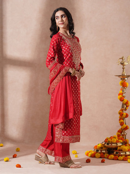 Ethnic Woven & Embroidered Straight Kurta with Pant & Dupatta - Red