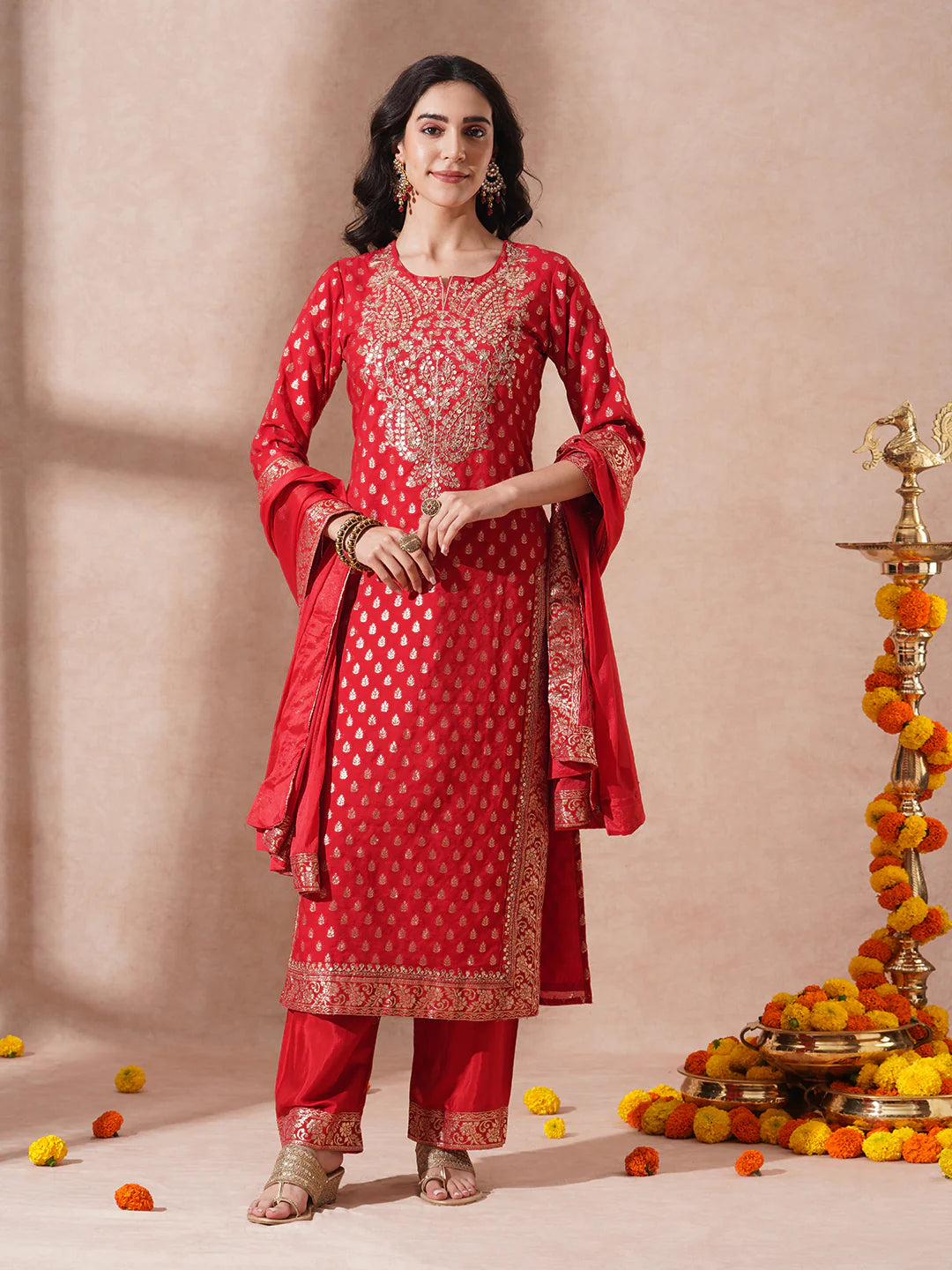 Ethnic Woven & Embroidered Straight Kurta with Pant & Dupatta - Red