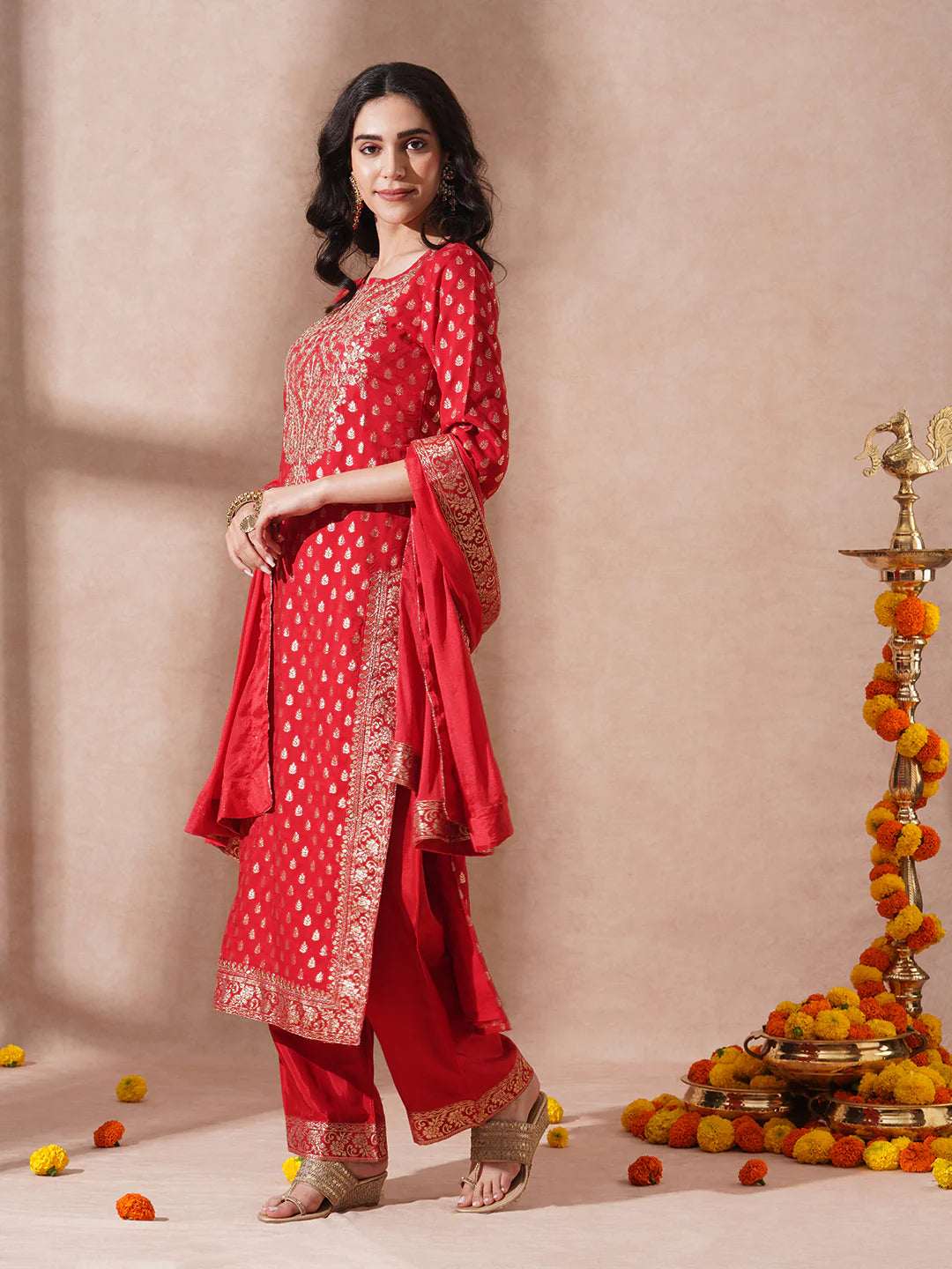 Ethnic Woven & Embroidered Straight Kurta with Pant & Dupatta - Red