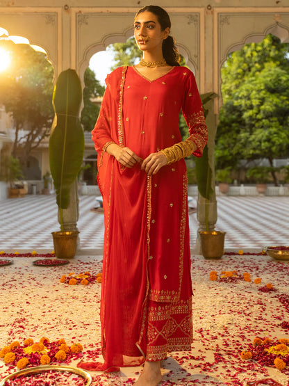 Solid Floral Sequin Embroidered Straight Kurta with Palazzo & Dupatta - Red