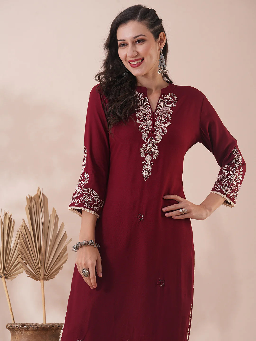 Solid Ethnic Floral & Embroidered Straight Fit Co-ord Set - Maroon