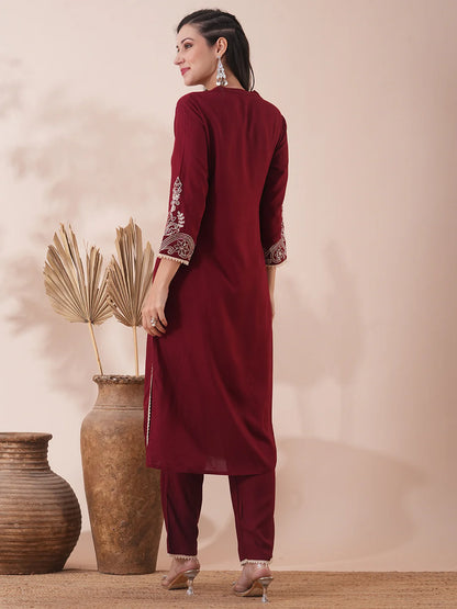 Solid Ethnic Floral & Embroidered Straight Fit Co-ord Set - Maroon