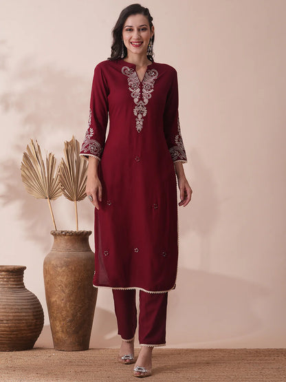 Solid Ethnic Floral & Embroidered Straight Fit Co-ord Set - Maroon