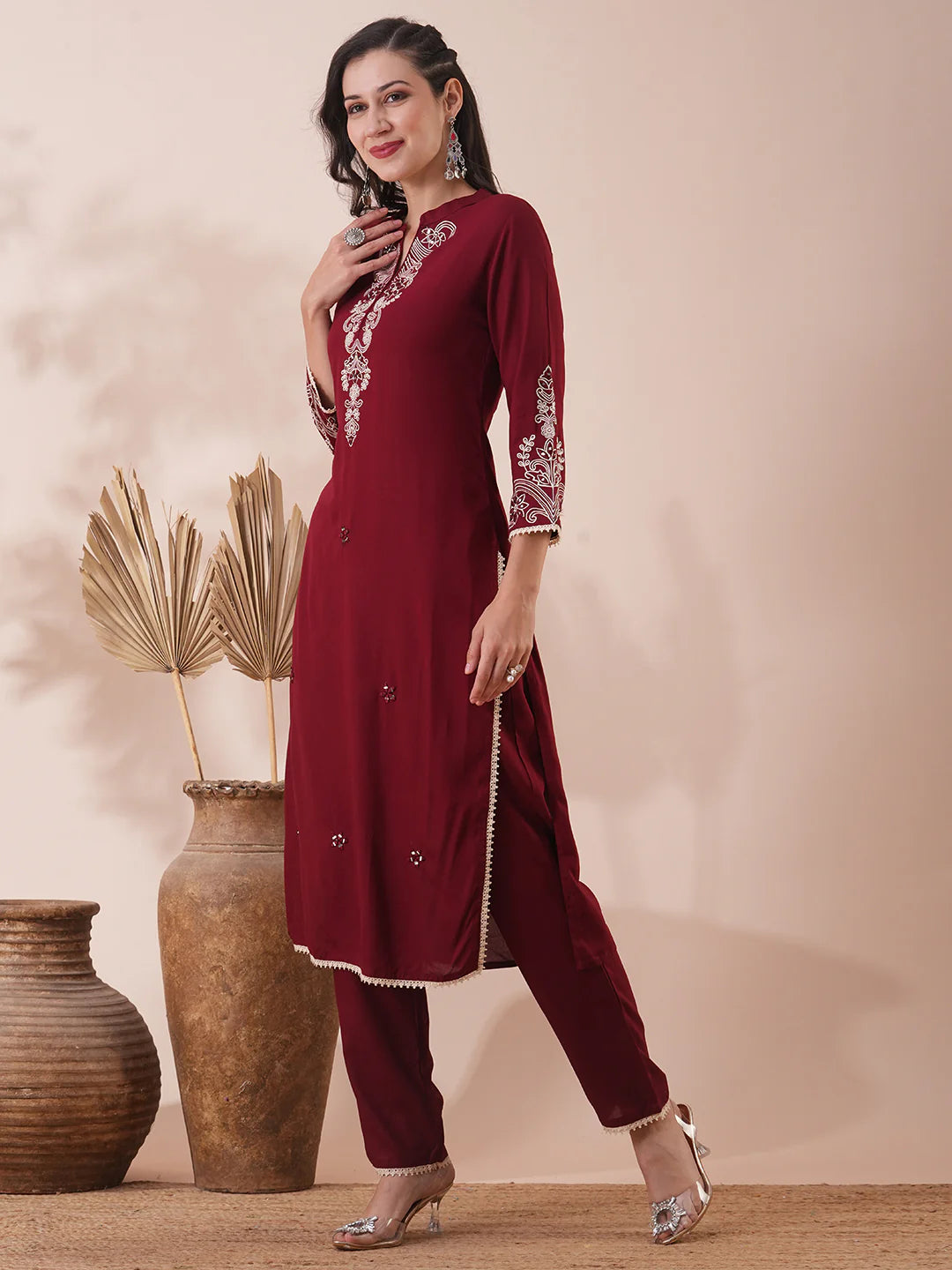 Solid Ethnic Floral & Embroidered Straight Fit Co-ord Set - Maroon