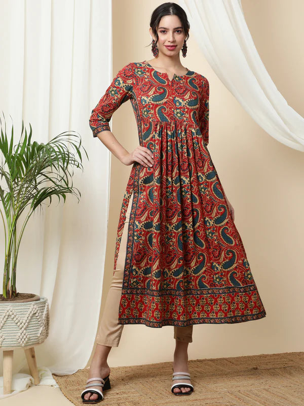 RAYON CALF LENGTH PRINTED SEMI-FLARED 3/4 SLEEVES ROUND KURTA