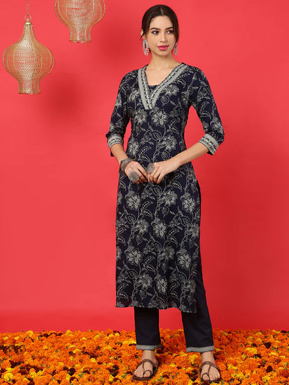 RAYON CALF LENGTH PRINTED STRAIGHT 3/4 SLEEVES V-NECK KURTA BOTTOM SET