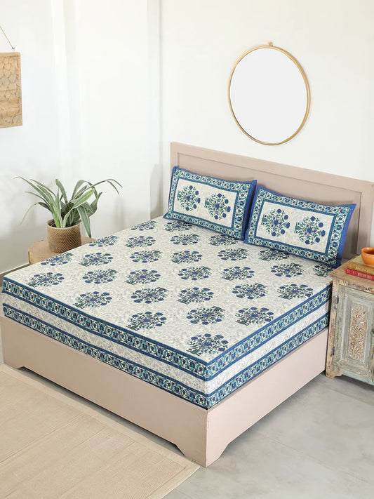 Blue Cotton Floral Printed Bedsheets For Double Bed Queen Size