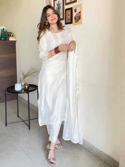 White Poly Silk Solid Kurta with Pant and Dupatta