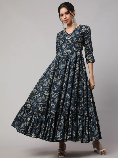 FLORAL PRINT V-NECK FLARED KURTA