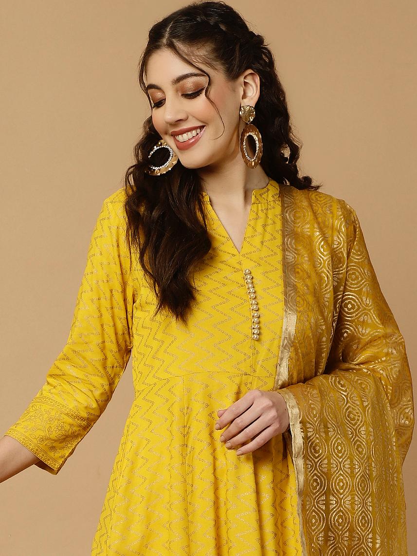 Mustard Zigzag Printed Anarkali Kurta With Pants And Dupatta