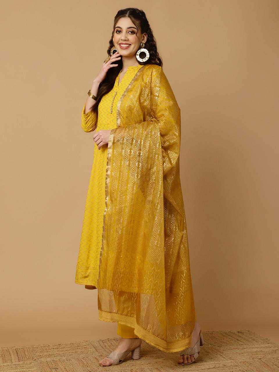 Mustard Zigzag Printed Anarkali Kurta With Pants And Dupatta